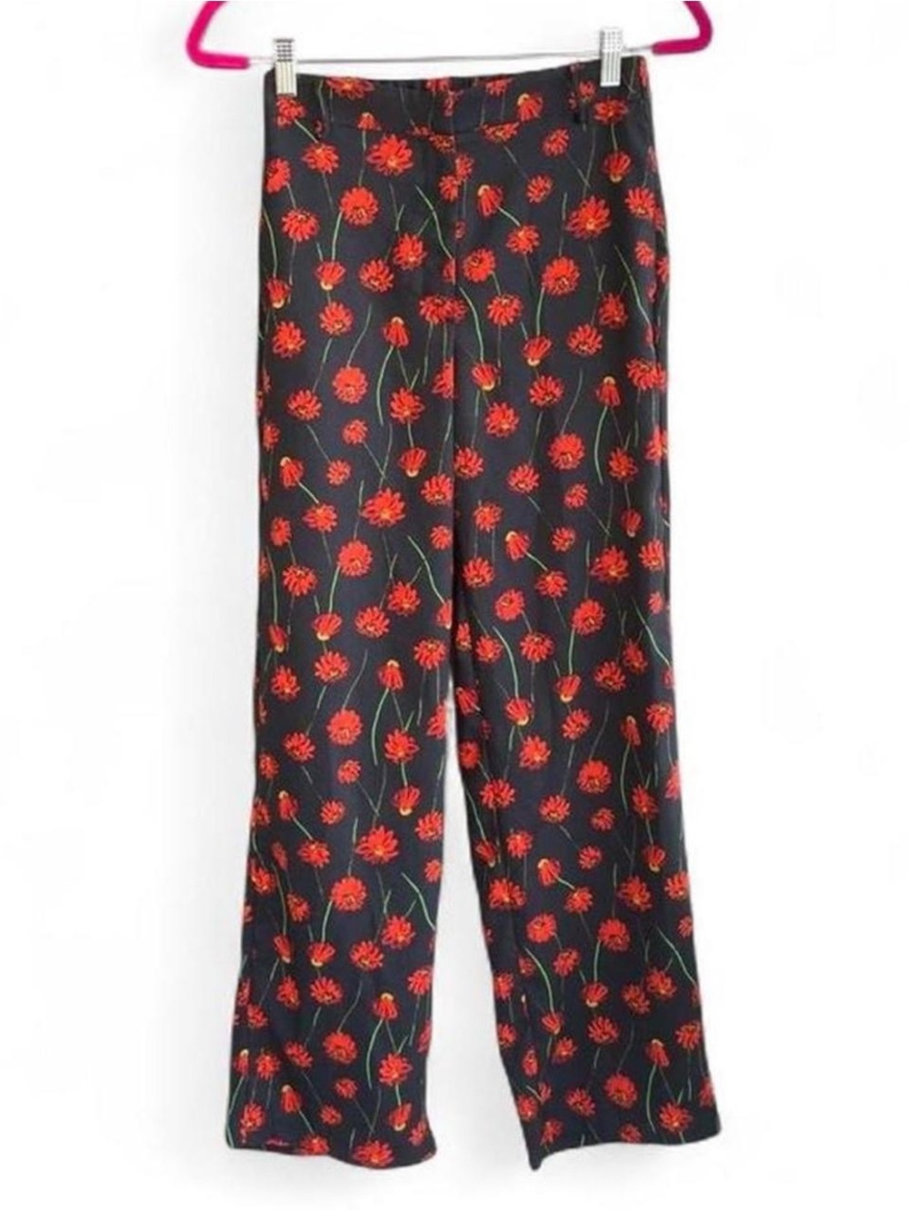 Vintage Black & Red Floral Wide Leg Pants – Y2K Grunge Daisy Print Flowy Trouser